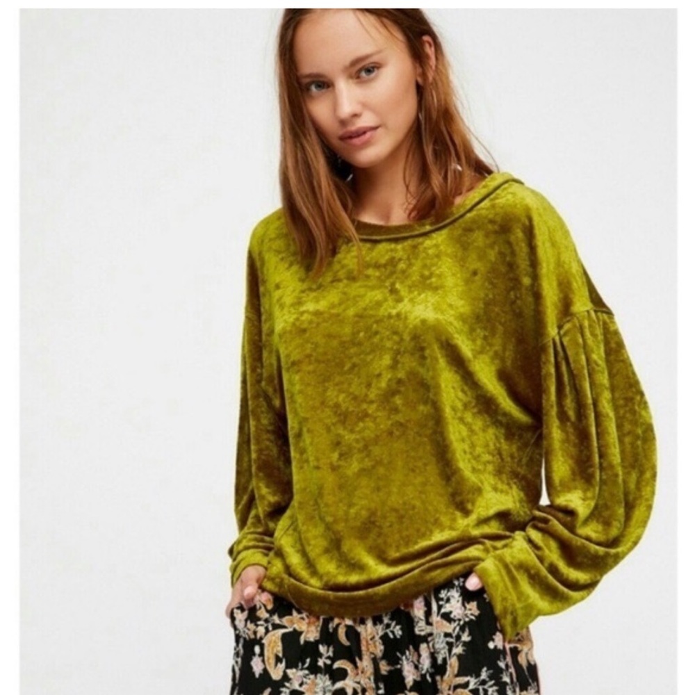 We The Free Green Velvet Balloon Sleeve Top sz S